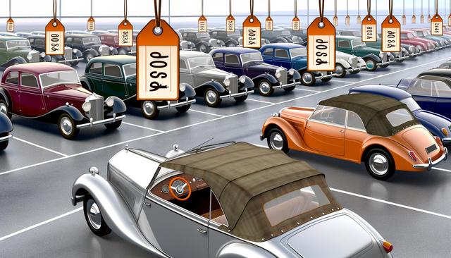 A parking lot of vintage cars with hanging price tags showing various prices.