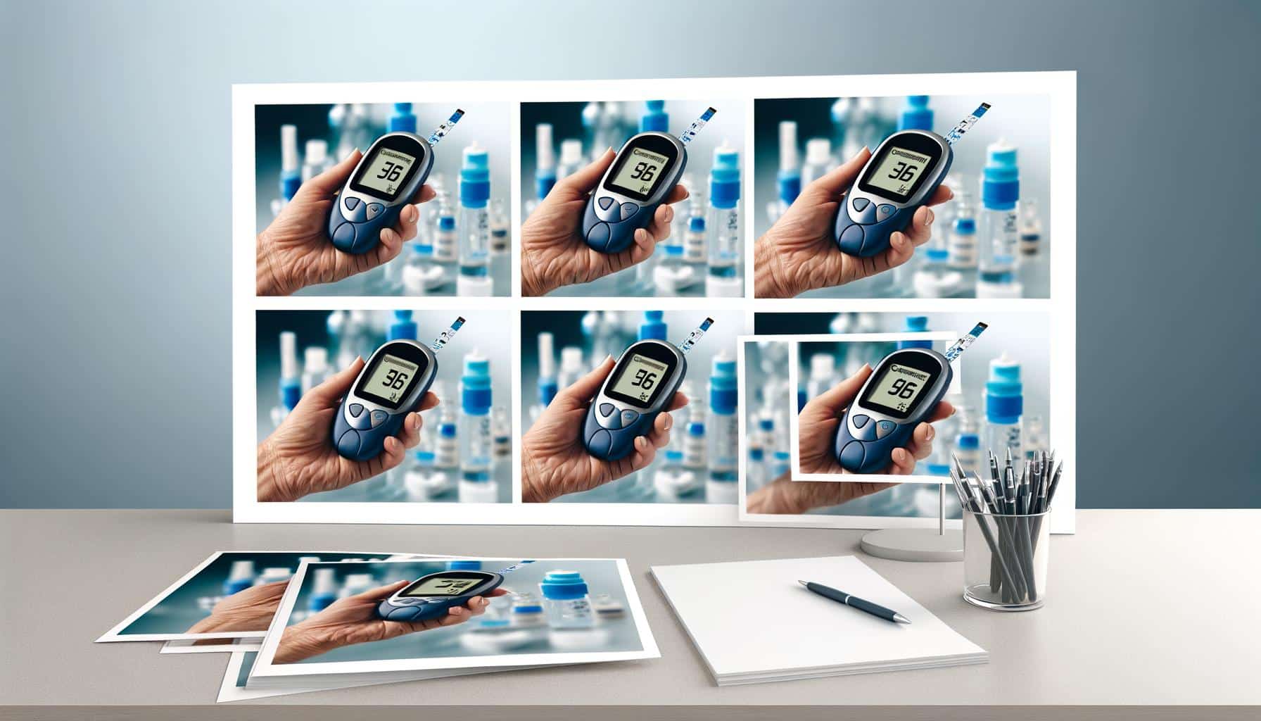 Hand holding a glucose meter with various sugar level readings.