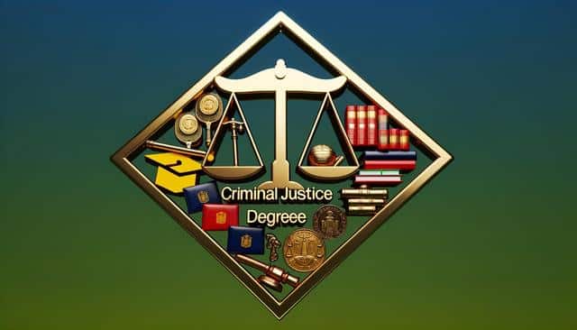 Scales of justice with "Criminal Justice Degree" text, surrounded by books, gavel, badges, coins, and diploma.