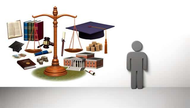 A scale with a graduation cap, gavel, books, coins, diploma, building, and a human figure.