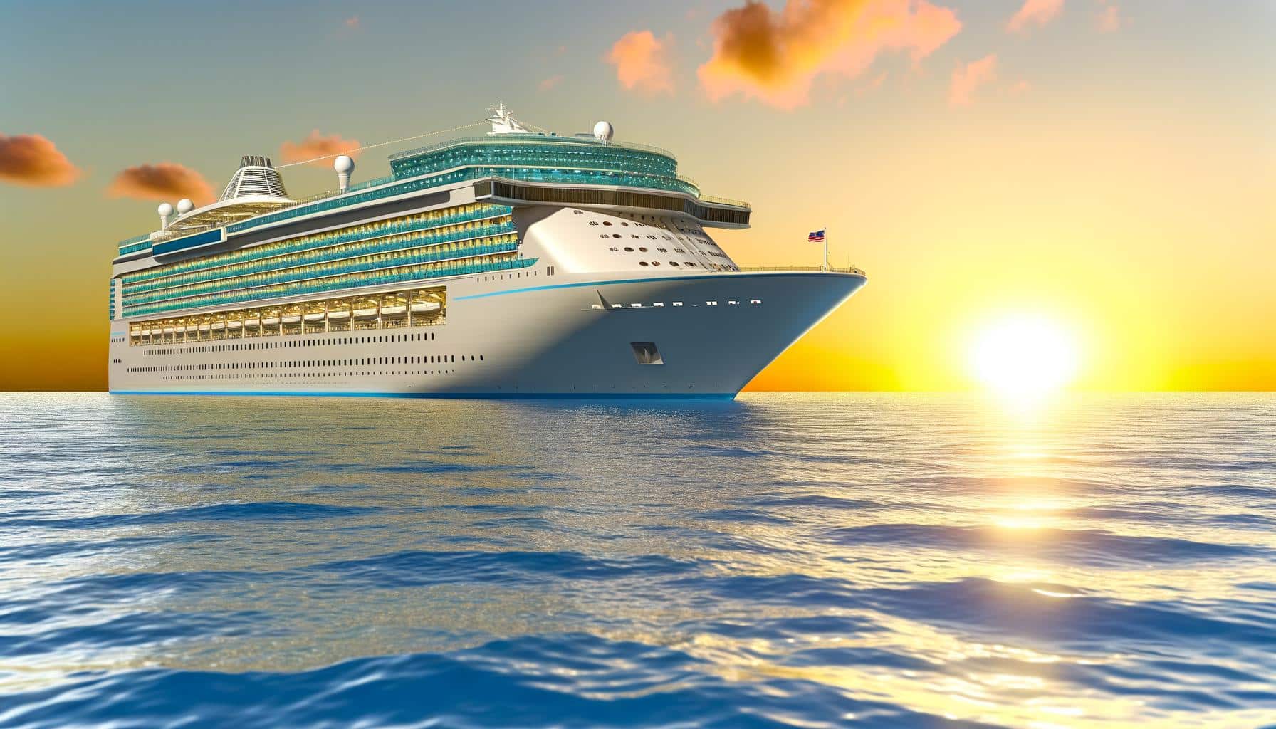 Cruise ship on calm ocean at sunset.