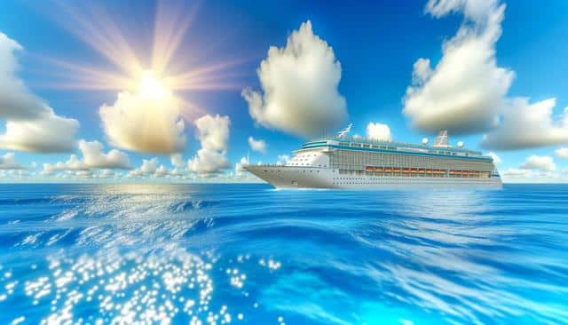 A large cruise ship sails on a calm ocean under a bright sun and blue sky.