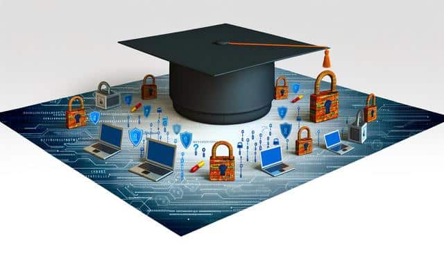 Graduation cap on a digital background with laptops and padlocks.