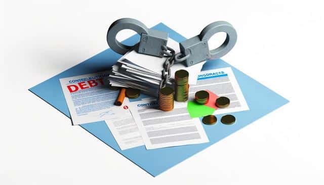 Stacks of documents with "DEBT" written, chained handcuffs, coins, and a red pen on a blue surface.