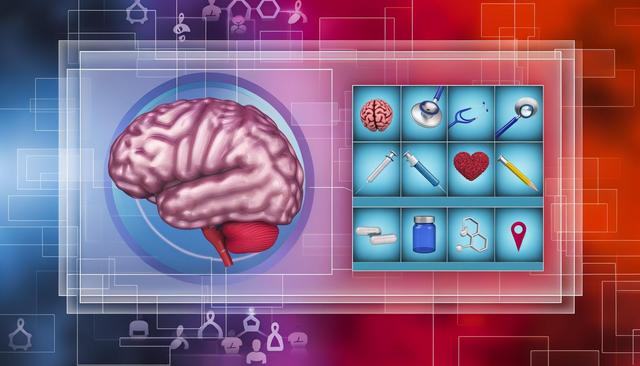 Illustration of a brain with icons of medical tools, a heart, a pencil, pills, a bottle, and a location marker.