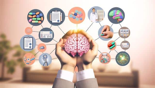 Hands holding a brain, surrounded by interconnected circles depicting pills, medical documents, a doctor, and a brain illustration.