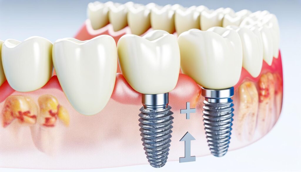 Dental implant illustration showing teeth, a gum section, and an implant screw.