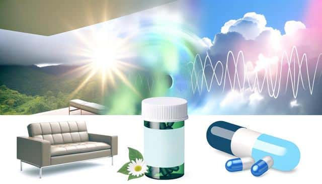 A bright landscape with sunrays, clouds, waves, and greenery is above a modern sofa, a pill bottle with chamomile, and capsules.