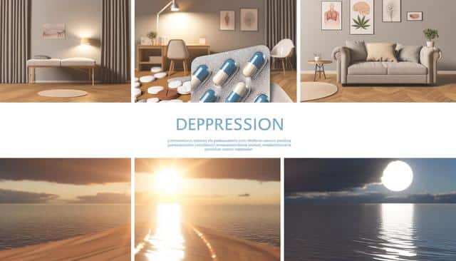 Collage including a therapy room, pills, a cozy living room, ocean sunset and moonlit sea, with the word "Depression" in the center.