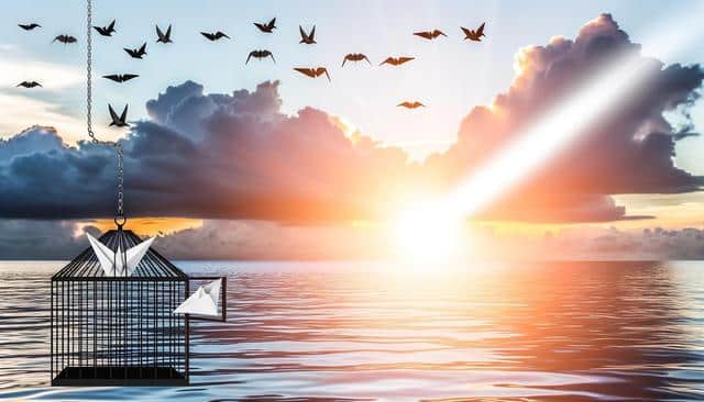 Paper birds flying from an open cage over the ocean at sunrise.