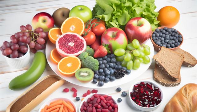 A colorful assortment of fruits, vegetables, bread slices, and candies on a white wooden surface.