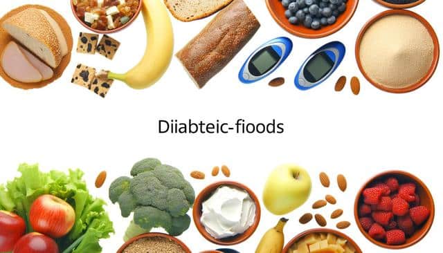 Assortment of healthy foods with glucose meters labeled "Diiaabtecic-fioods."