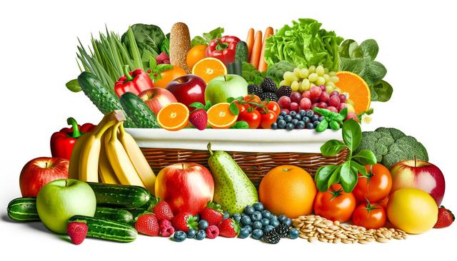 A colorful assortment of fruits and vegetables, including apples, oranges, bananas, tomatoes, and leafy greens in a wicker basket.