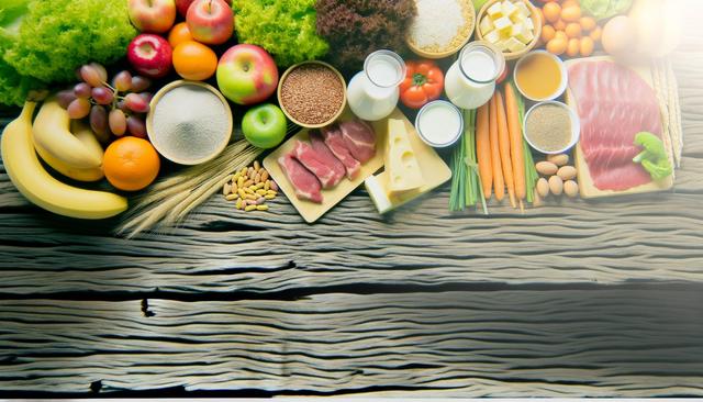 Assortment of fresh fruits, vegetables, meats, dairy, and grains on a wooden table.