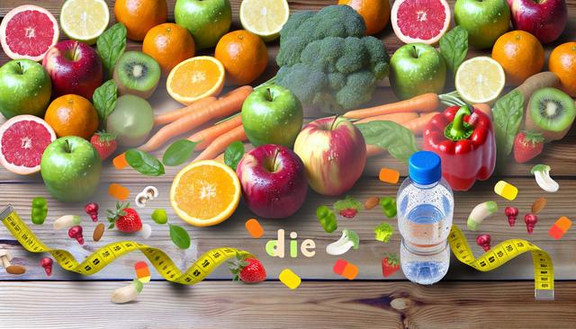 A variety of fruits and vegetables with a bottle of water and a yellow measuring tape on a wooden surface.