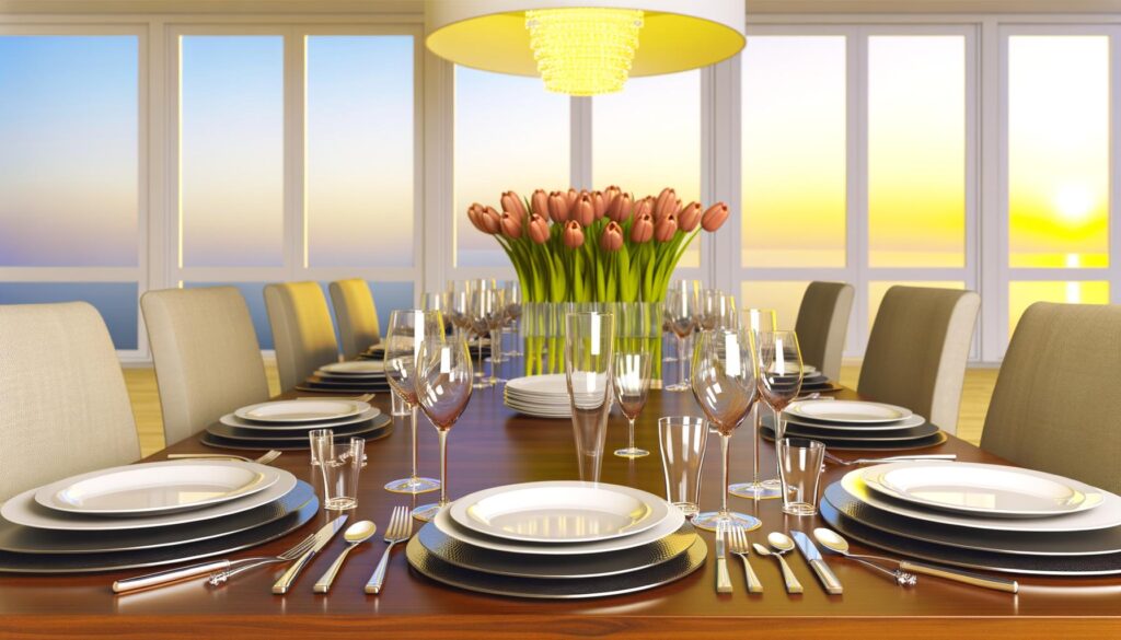 Elegant dining table set with plates, glasses, cutlery, and a tulip centerpiece, sunset visible through windows.