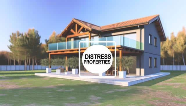 Modern two-story house with a lawn, surrounded by trees, and a sign that says "Distress Properties."