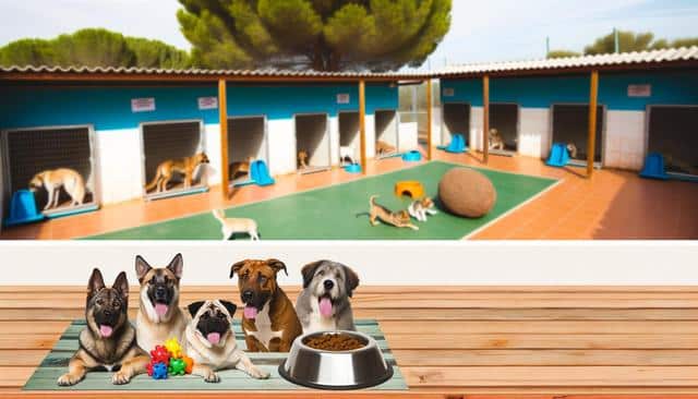 Dogs in a kennel with outdoor play area and toys, and four dogs sitting with a bowl of food in front.