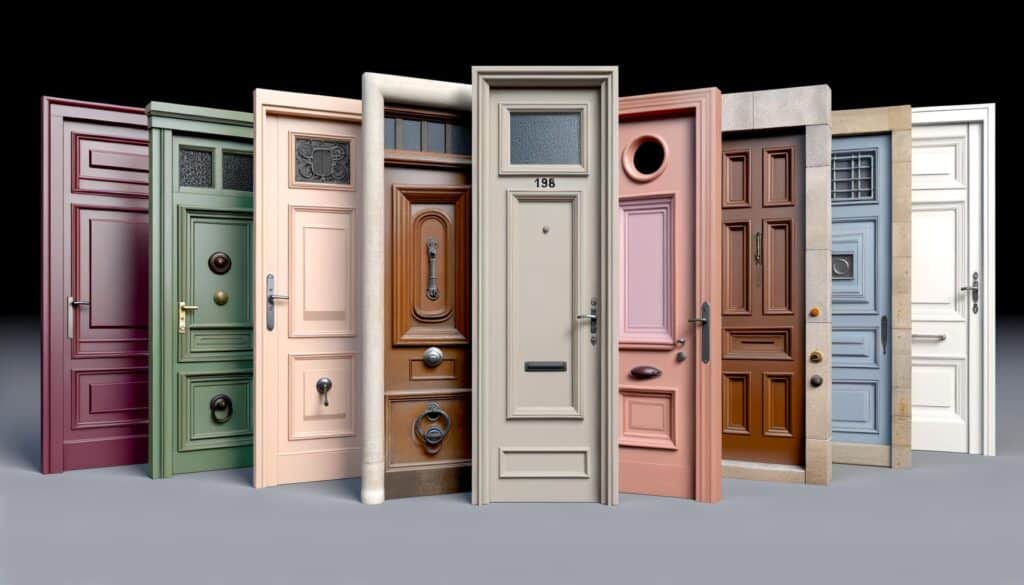 A variety of colorful, intricately designed doors standing side by side.