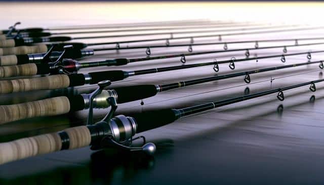 Rows of fishing rods with reels lying on a smooth, reflective surface.