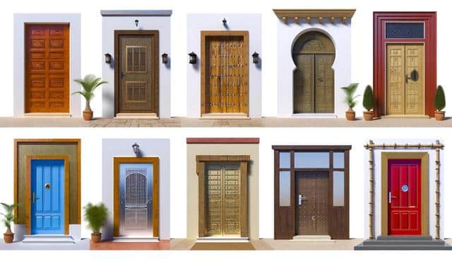 A grid of ten diverse, ornate doors with various colors and designs, each in a white frame.