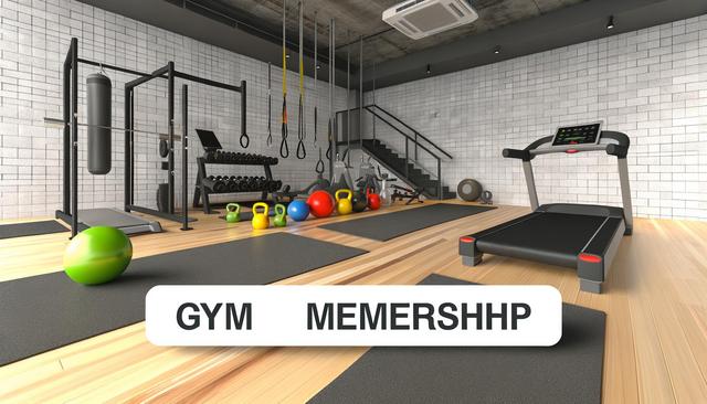 A modern gym with equipment and a sign reading "GYM MEMBERSHIP" with a spelling error.