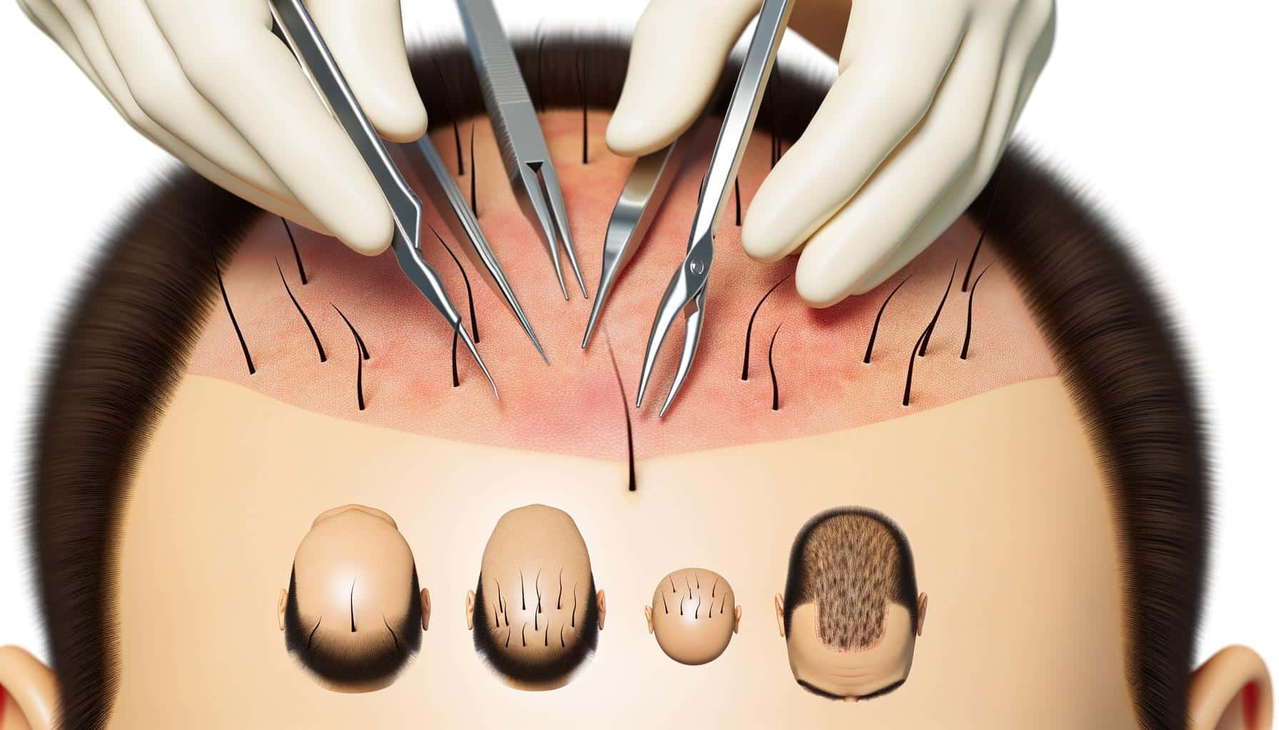 Illustration of a hair transplant procedure with gloved hands using tools on a scalp, showing hair growth stages below.