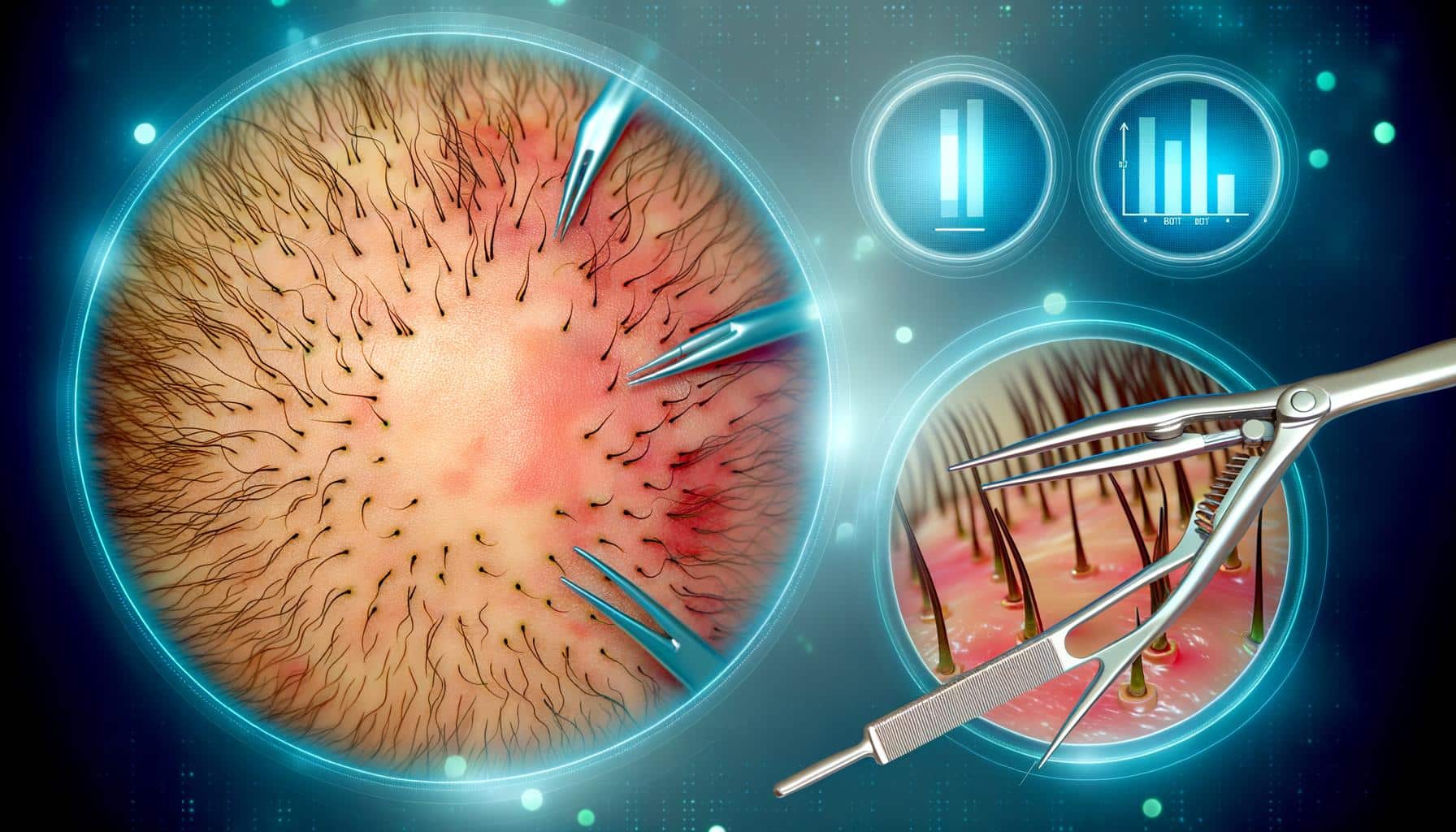 Illustration of a scalp with tweezers pulling hairs, surrounded by graphs and digital elements.