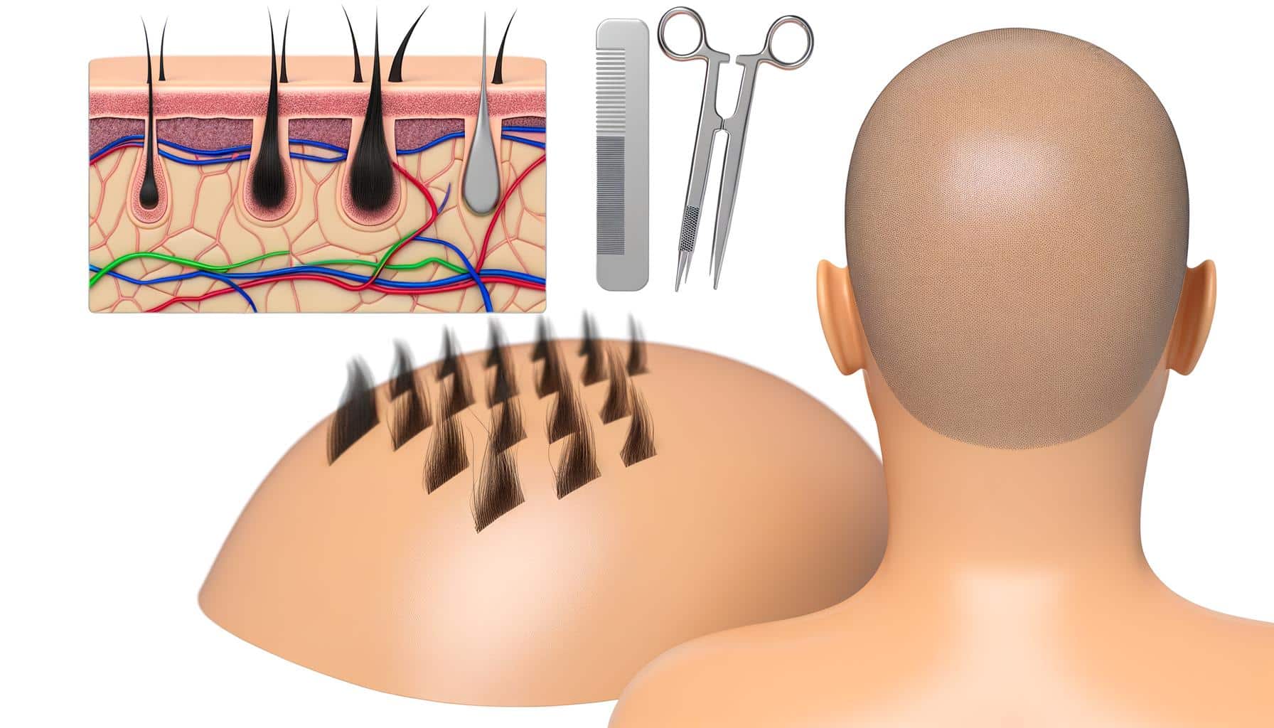 Illustration of hair transplant surgery showing scalp layers, grafting process, and surgical tools.