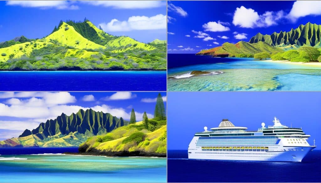 Four scenes: lush green hills by the sea, a tropical beach with clear water, rugged mountains with blue sky, and a large cruise ship on the ocean.