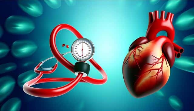 Illustration of a stethoscope, blood pressure gauge, and a heart on a blue background.