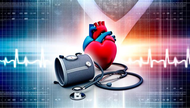 A 3D heart model, stethoscope, and blood pressure cuff against a background with a heartbeat waveform.