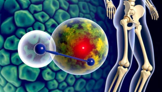 Abstract illustration with molecules, glowing spheres, and partial human skeleton.