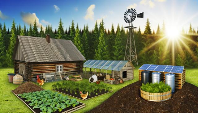 A rustic farm with a wooden cabin, greenhouse, garden beds, chickens, solar panels, and a windmill, set against a forest backdrop with a setting sun.