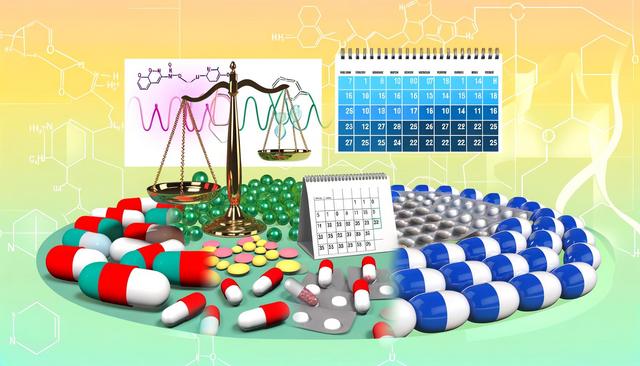 A variety of pills and capsules surround a balance scale and multiple calendars against a scientific, molecular background.