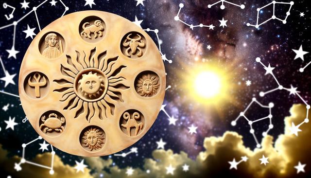 A decorative zodiac wheel with astrological symbols, placed against a starry sky background.