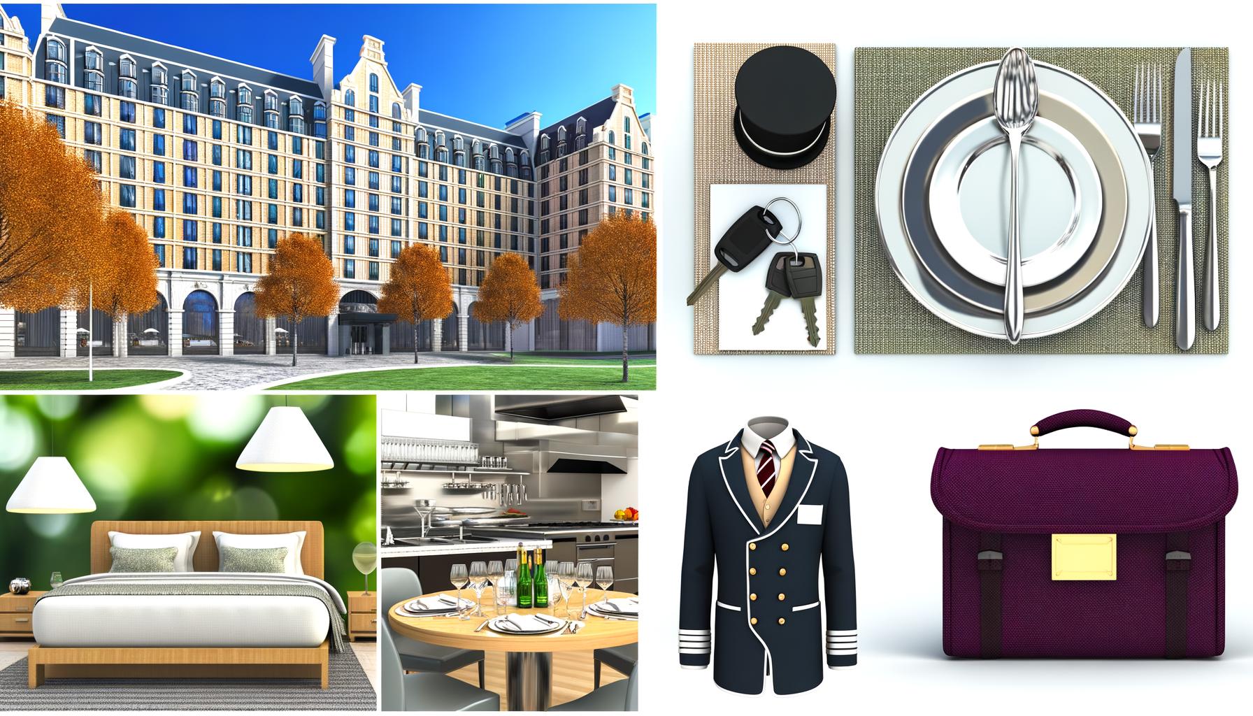 Collage: grand hotel, dining table setting, bedroom, kitchen, uniform, briefcase.