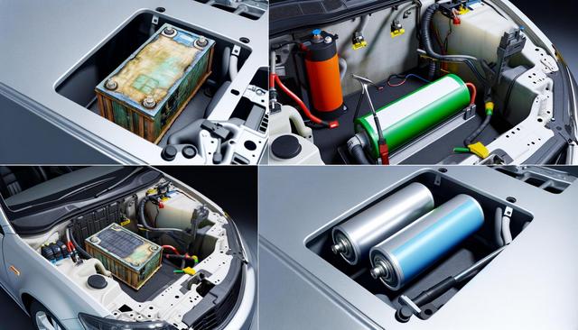 Four car engine compartments showing different types of batteries.