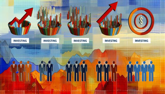 Illustration with four colorful bar charts and figures labeled "Investing," showing growth and financial symbols.