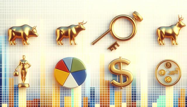 Gold bull statues, magnifying glass, dollar sign, pie chart, and Bitcoin coins on a graph background.