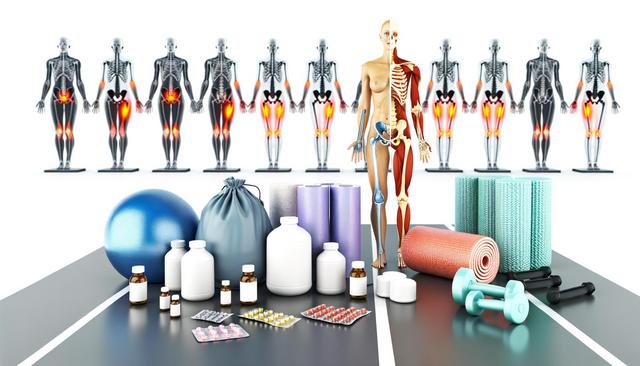 Human anatomy diagram, pain areas highlighted; exercise and supplement items in foreground.