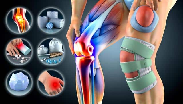 Illustration of knee pain and treatments; shows an inflamed knee and six treatment icons including ice, bandages, medications, and braces.