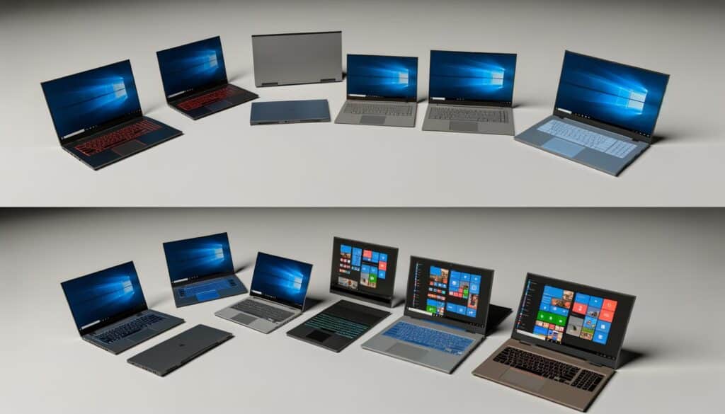 A variety of laptops and tablets with different designs, some displaying Windows screens.