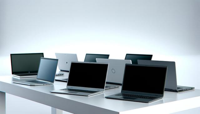 A group of open laptops on a white table against a light background.