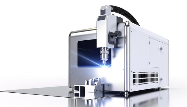 Laser engraving machine with a focused blue beam, sleek metallic design.