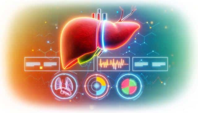 Futuristic liver illustration with digital data overlays, charts, and diagrams.