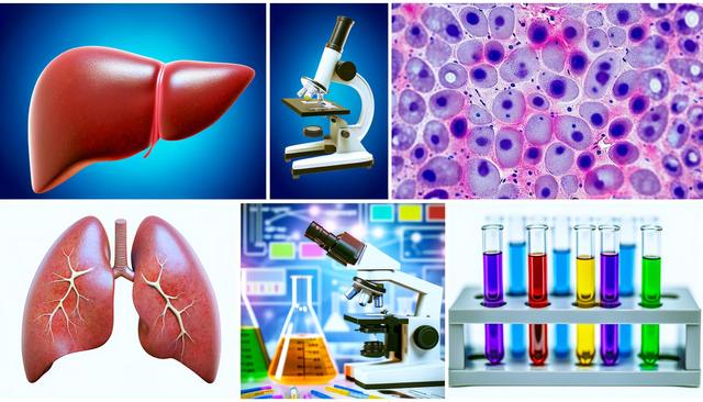 Collage of a liver, microscope, cell slide, lungs, microscope with flasks, and test tubes with colored liquids.