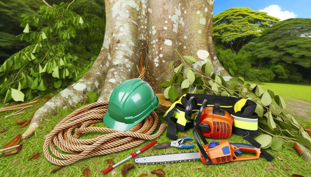 Chainsaw, green hard hat, rope, and safety gear placed near a tree trunk, with greenery in the background.