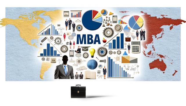 Collage of business icons and charts with the word "MBA" over a world map background.