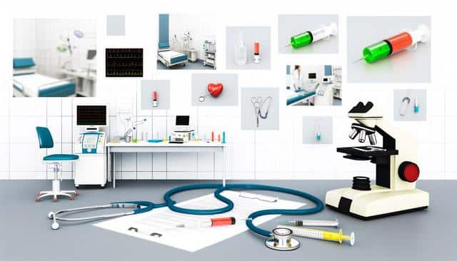 Medical lab scene with equipment: stethoscope, microscope, syringes, heart model, test tubes, and EKG monitor.